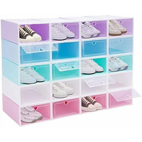 20 Pack Shoe Box Stackable Foldable Shoe Storage Organizer Closet Lightweight Plastic Shoe Display Case Cubby with Flip Door Clear Lids for Sneakers Slippers Entryway Hallway Home