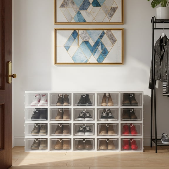 20-Pack Shoe Storage Boxes, Large Flip Lid Shoe Box Organizer with Heart Design, 13x9x5.5 In, Stackable Box for Sneakers, Boots