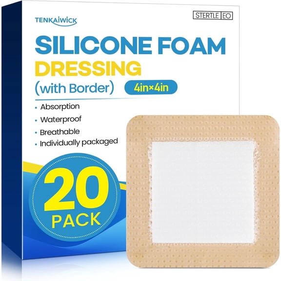 20 Pack Silicone Foam Dressing 4"x4" with Adhesive Border, High Absorbency Bandages, Waterproof Bandages for Wounds Care, Bed Sore, Diabetic Foot Ulcers