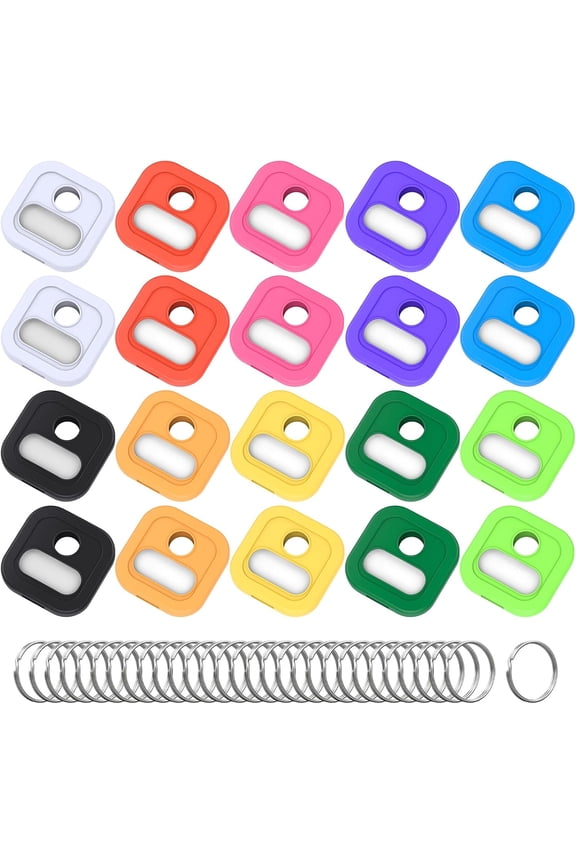 20 Pack Silicone Key Caps with Labels - 1 Inch Square Key Covers Caps for 0.9-1.05 Inch Standard Keys, Durable Key Color Identifiers with Blank Paper Labels, 10 Colors