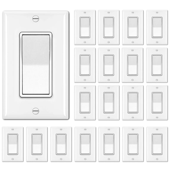 20 Pack Single Pole Decorator Wall Light Switch with Wallplate, 15A 120/277V, On/Off Rocker Paddle Interrupter, UL Listed, White