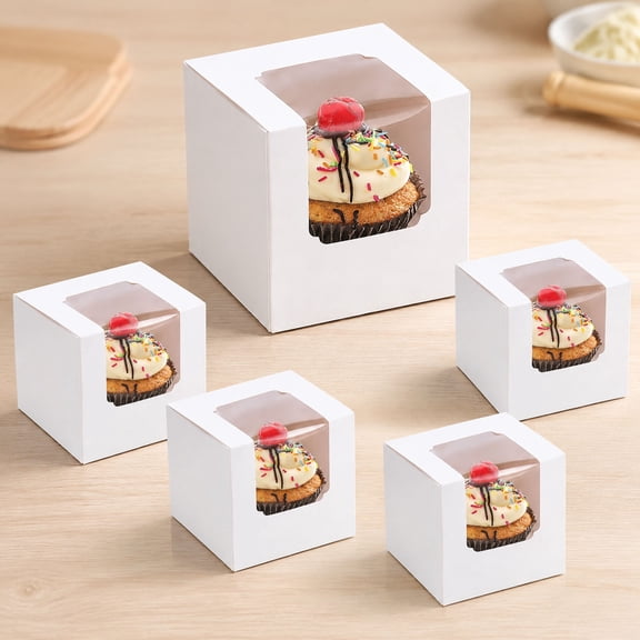 20 Pack Single White Cupcake Boxes with Window, 3.5x3.5x3.5 Inch Individual Cardstock Containers, Removable Inserts for Weddings, Birthday Favors and Daily Bakery Takeaway
