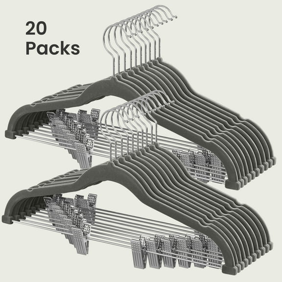 20 Pack Skirt Pants Hangers 17 Inch Long Velvet Clips Hangers with Adjustable Clips Non-Slip for Skirts Coats Dresses Gray