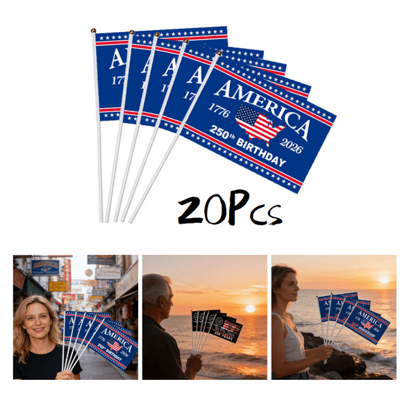 20 Pack Small American Flags on Stick American Anniversary flag Handheld Flag for Outside,4th of July Independence Day Patriotic Signs Hand Held Flags for Room House Welcome Lawn Backdrop Parade (E)