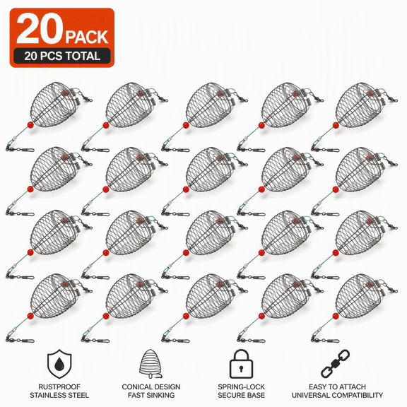 20-Pack Small Conical Stainless Steel Fishing Bait Cages, Wire Feed Holders & Ground Bait Baskets for Carp Fishing Rigs & Tackle