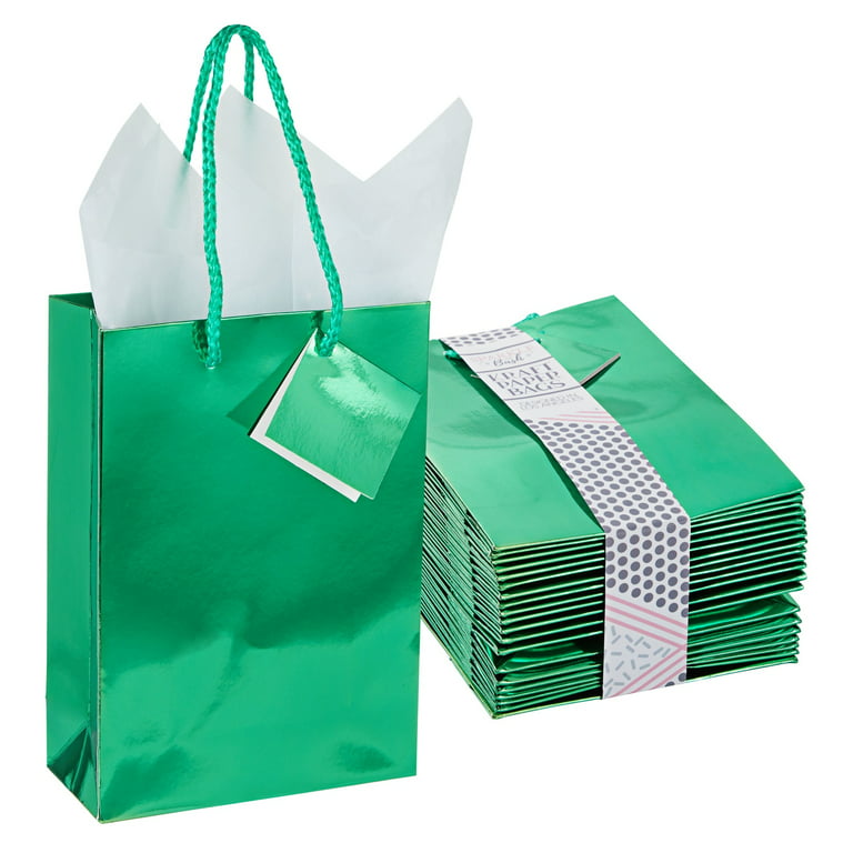 20-Pack Small Metallic Gift Bags with Handles, 5.5x2.5x7.9-Inch Paper Bags  with Foil Coating, White Tissue Paper Sheets, and Tags for Small Business ( Green) 