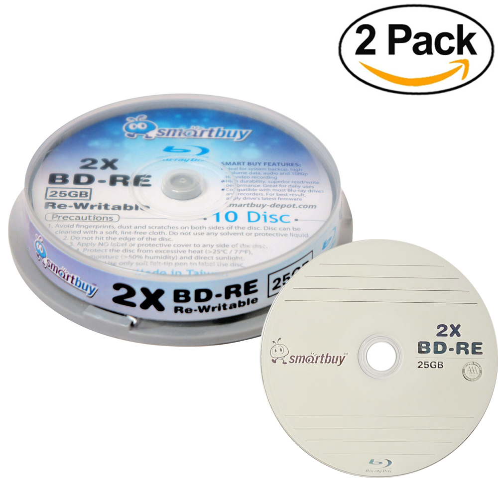 20 Pack Smartbuy 2x 25GB Blue Blu-ray BD-RE Rewritable Branded Logo Blank Bluray Disc - image 1 of 3