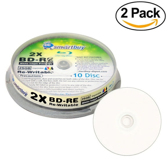 20 Pack Smartbuy 2x 25GB Blue Blu-ray BD-RE Rewritable White Inkjet Hub Printable Blank Bluray Disc