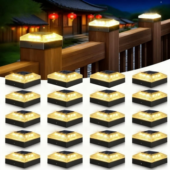 20 Pack Solar Post Top Light 4x4 Fence Post Light Tri-Color Mode Waterproof Black Solar Deck Light For Wood/Vinyl Post Tops Ideal for Gardens, Patios, Porches, and Decks