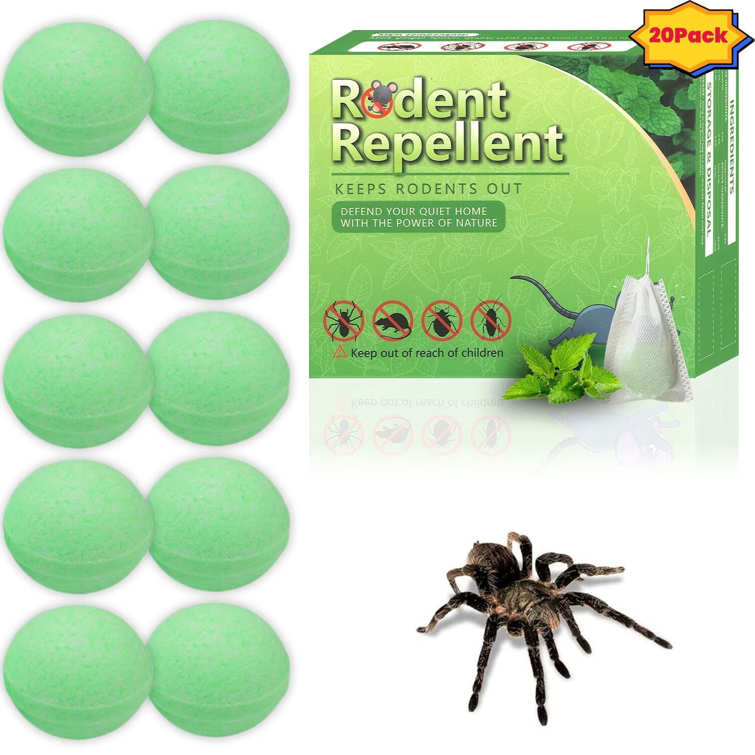 (20 Pack) Spider Repellent with Peppermint Oil, Squirrel & Rat Deterrent for Car Engines, Garage, Attic - Long-Lasting Mole/Mice Control Indoor & Outdoor - Safe vs Moth Balls & Traps