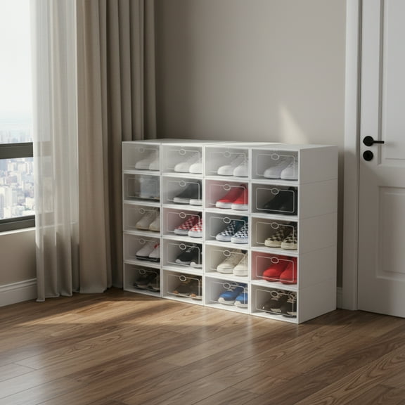 20-Pack Stackable Foldable Shoe Storage Boxes with Clear Front, Ventilated Plastic Shoe Organizer for Closet, Space-Saving Design White