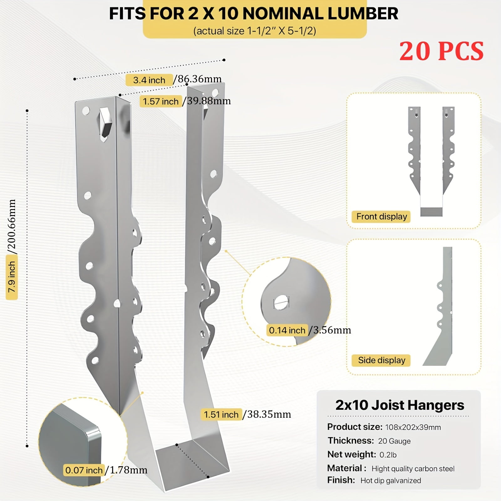 20-Pack Steel Joist Hangers 2x4 2x6 2x10, Face Mount Hanger Brackets ...