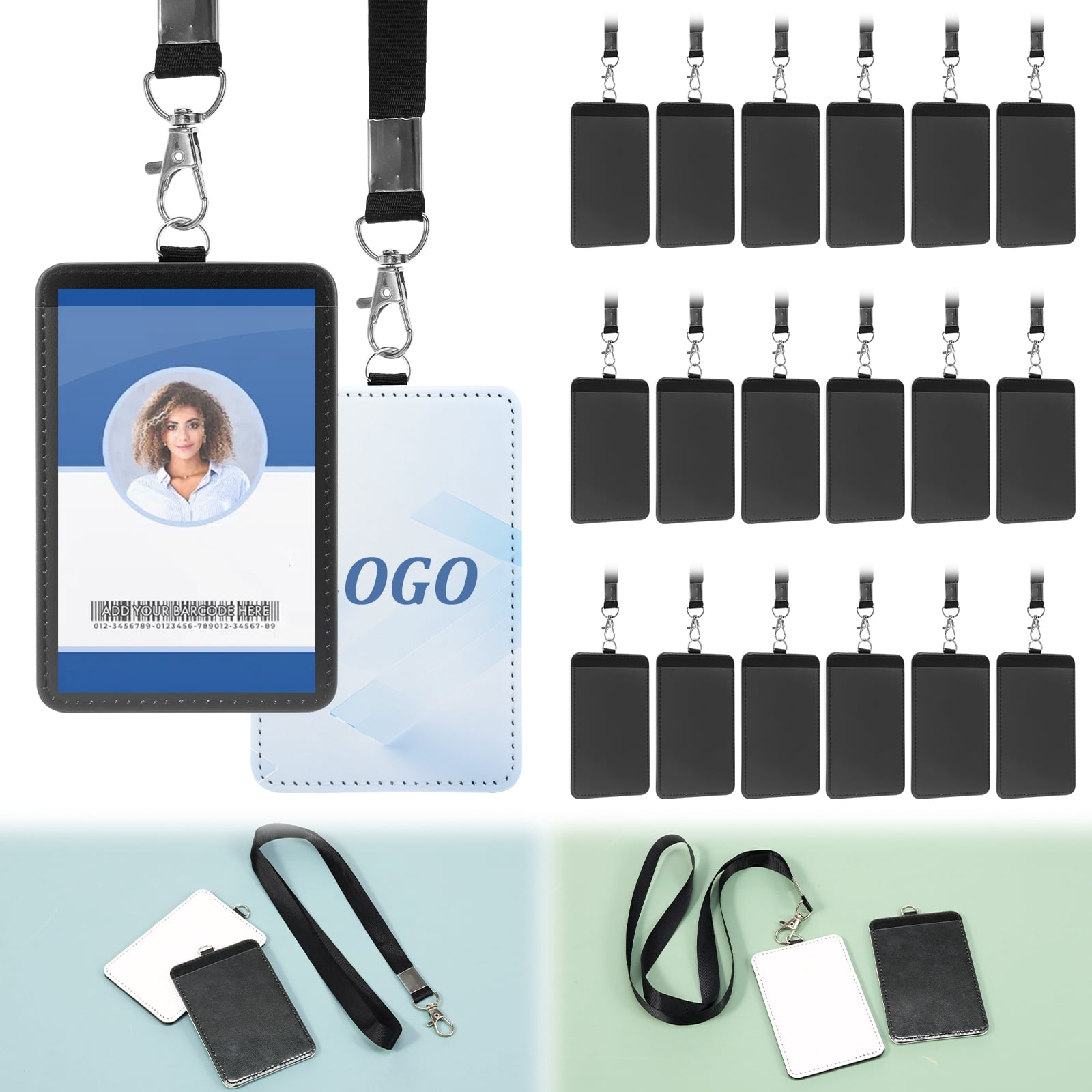 20 Pack Sublimation Blank PU Leather ID Badge Holder with Lanyard – Heat Transfer Vertical ID Card Holder for Office, Employee & Student