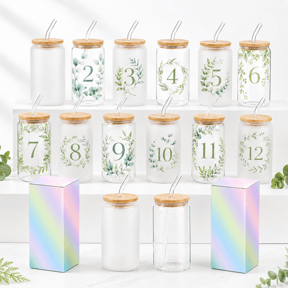 20 Pack Sublimation Glass Cups with Bamboo Lids and Glass Straws, 16 OZ Frosted & Clear Beer Can Glass Blanks for Heat Transfer Printing, Individually Boxed DIY Personalized Gift Set