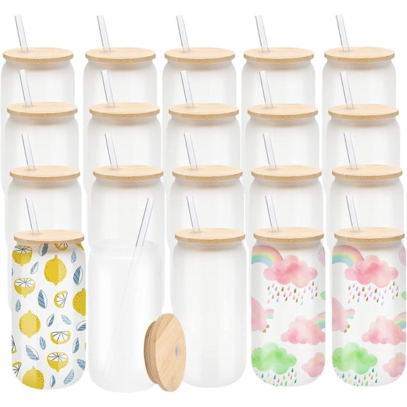 20 Pack Sublimation Glass Cups Frosted 16oz Blanks Sublimation Borosilicate Glasses Tumbler with Bamboo Lids and Straws for Beer, Juice, Soda, Iced Coffee, Drinks