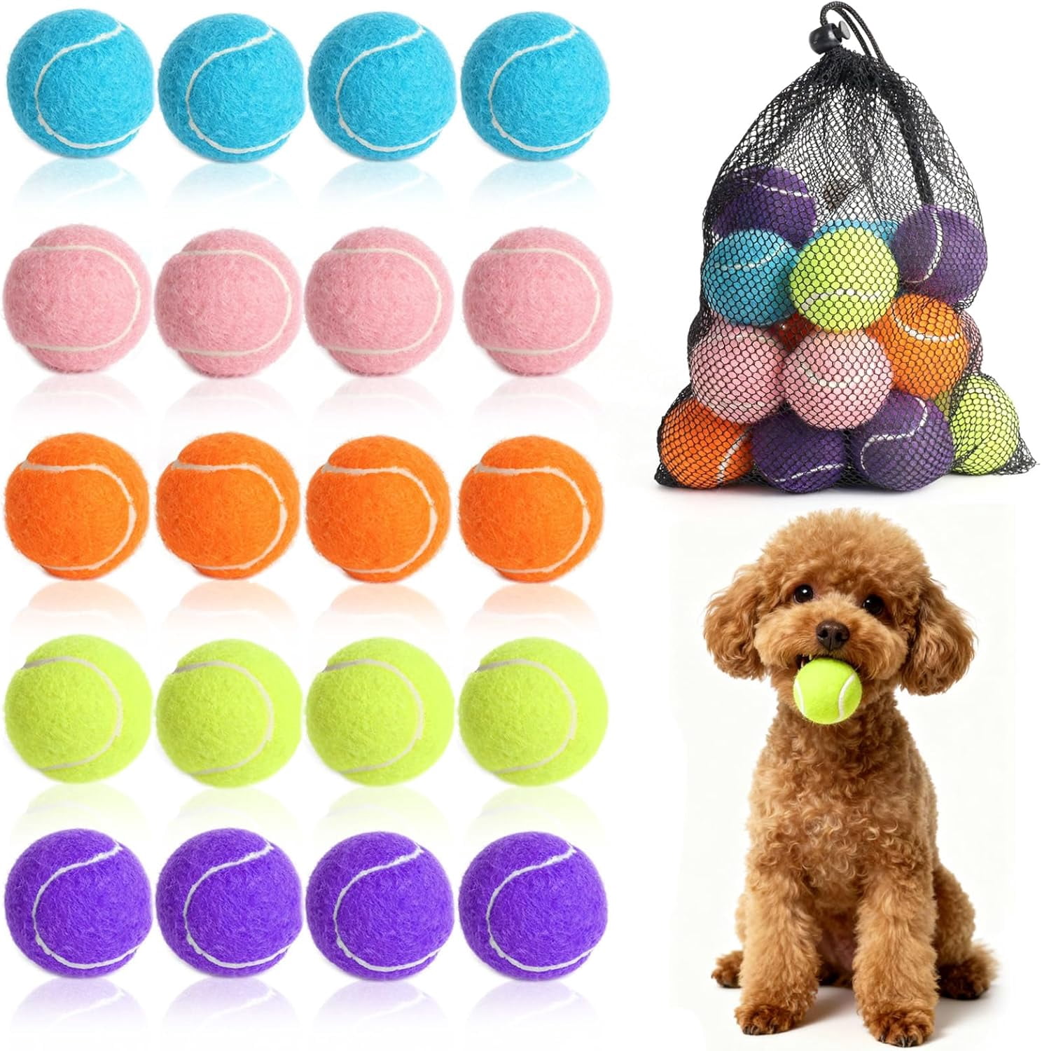 20 Pack Tennis Balls for Dogs, 2 inch Dog Toy Ball with Mesh Bag, Small Tennis Balls Pet Dog Playing Ball for Pet Puppy (5 Color)