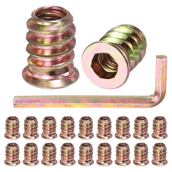 20-Pack Threaded Inserts for Wood, M5x12mm Hex Drive Threaded Insert Nuts with a Wrench for Wood Furniture [Gold Tone]