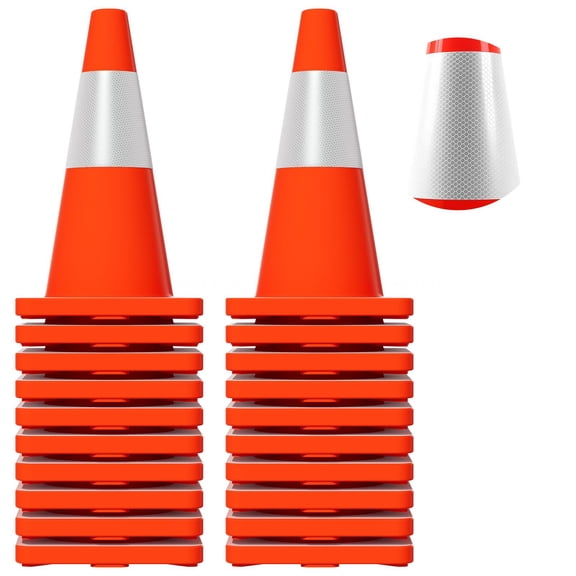 20 Pack Traffic Cones, 18 Inch PVC Safety Cone with 3.9" Reflective Band, Stackable for Construction Parking