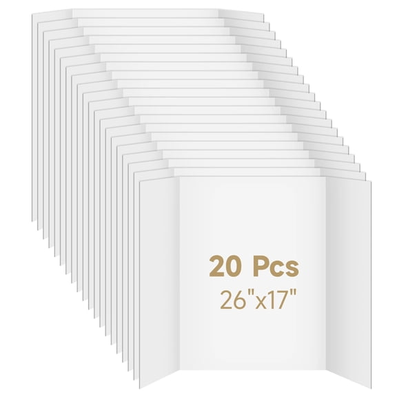 20 Pack Trifold Poster Board, 26 x 17 Inch White Corrugated Cardboard, Self-Standing & Portable Display Boards for Science Fair, Presentations, Signs, Office Use