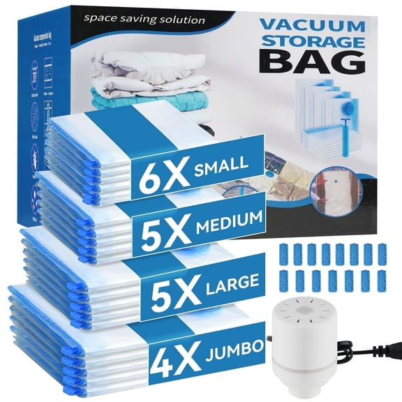 20 Pack Vacuum Storage Bags with Electric Pump,Space Saver Bags(6 Small,5 Medium,5 Large,4 Jumbo),Vacuum Sealer Bags for Clothes, Mattress, Blanket, Duvets, Pillows, Comforters,Travel