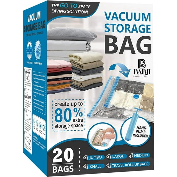 20 Pack Vacuum Storage Bags, Space Saver Bags (4 Jumbo/4 Large/4 Medium/4 Small/4 Roll) Compression for Comforters and Blankets, Sealer Clothes Storage, Hand Pump Included | Best Deal