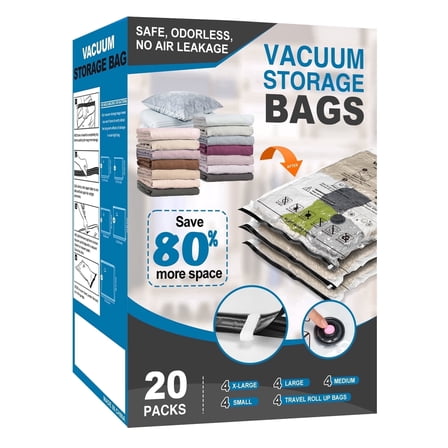 20 Pack Vacuum Storage Bags Space Saver Bags (4 Jumbo/4 Large/4 Medium/4 Small/4 Roll) Compression for Comforters and Blankets Sealer Clothes Storage