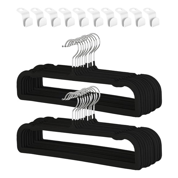 20 Pack Velvet Hangers with Hooks, Space Saving Closet Hangers with 360° Swivel Metal Hook, Non-Slip Slim Hangers for Pants, Clothes & Closet Organization (Black)