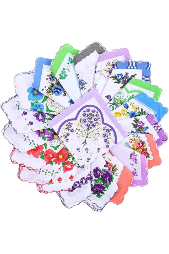 20 Pack Vintage Floral Print Cotton Handkerchiefs Bulk, Soft Cotton Embroidered Ladies Handkerchief, Flower Embroidered Ladies Hankies for Tea Party Favors, 12 * 12inches
