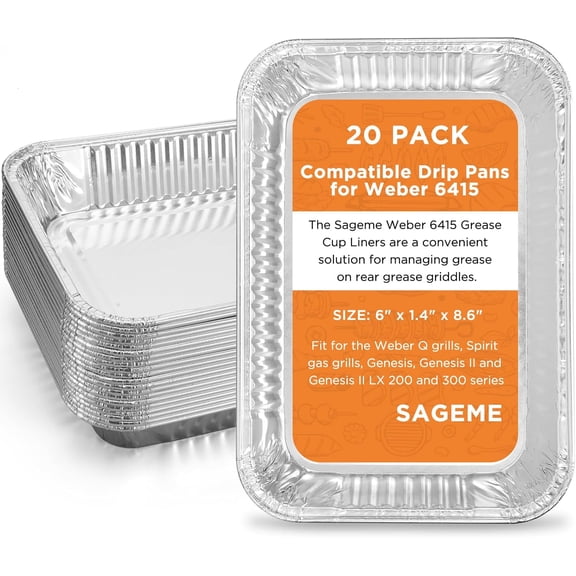 20 Pack Weber Grills Compatible Drip Pans 6415 for Weber Grills Spirit Gas Grills, Q Grills, Genesis and Genesis II LX 200 300 Series Disposable Aluminum Foil Grease Trays 6 x 1.4 x 8.6 Inches
