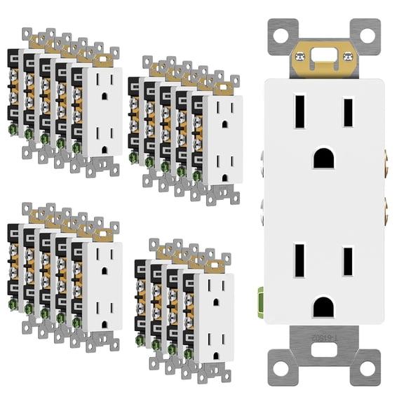 20 Pack White Decorator Receptacle, Standard Electrical Wall Outlet, 15A 125V, Self-Grounding, 2-Pole, 3-Wire, 5-15R, UL Listed, 61502-W, Non Tamper Resistant
