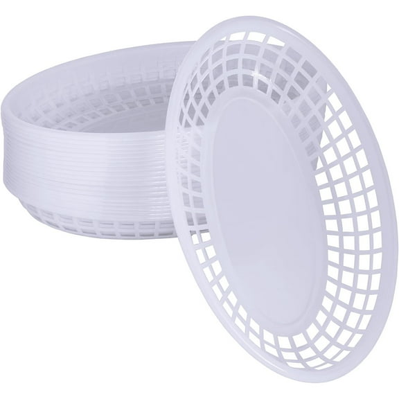 20 Pack White Plastic Fast Food Baskets, 8.8  5.5 inch Small Oval Plastic Restaurant Serving Baskets For Burgers,Sandwiches,Popcorn,Nachos,Fries,Food Trucks,Parties,Reusable-Easy Clean