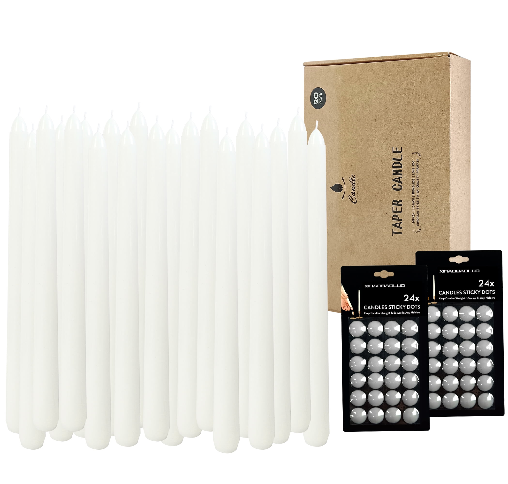 20 Pack White Taper Candles with 2 Pack Candles Wax Sticky Dots,10 inch Unscented Smokeless Dinner Candle Set for Household, Wedding, Party and Home Décor Candlesticks