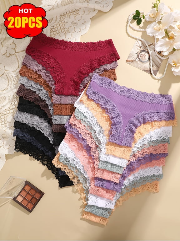 20 Pack Womens Cotton Brazilian Panties with Lace Trim, Soft Breathable Low Rise Underwear for Daily Wear, Women Lace Multipack