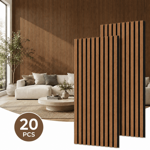 20-Pack Wood Slat Acoustic Wall Panels, 24" x 12" MDF Slat Wall Paneling for Modern Interior Wall Decor, Sound Absorbing Accent Panels, 39.99 Sq. Ft.,Walnut
