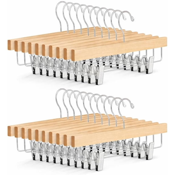 20 Pack  Wooden Pants Hangers with Adjustable Clips,  Skirt Hangers Trouser Hangers with 360? Swivel Hook for Jeans, Slacks, Shorts