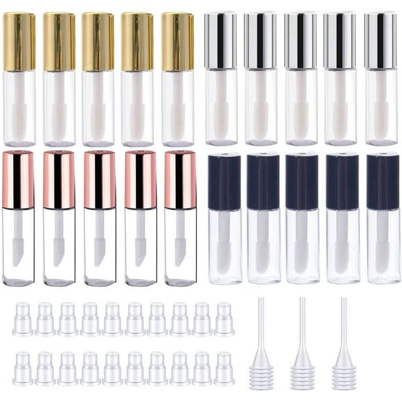 20 Packs 1.2 mL Pretty Empty Lip Gloss Tubes Containers, Clear Mini Refillable Lip Balm Bottles with Rubber Inserts and 3pcs Transfer Pipettes for Lip Samples Travel DIY Makeup (4 Colors)