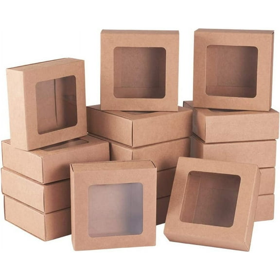 20 Packs 3.5x3.5x1.2 Square Kraft Paper Gift Boxes Drawer Box with PVC Window Lid for Chrismas Party Favor Treats Bakery and Candy