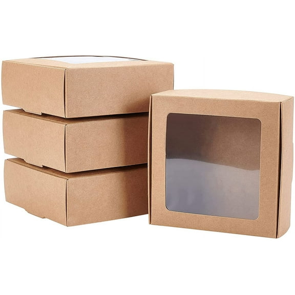 20 Packs 3.7x3.7x1.4inch Square Brown Kraft Paper Boxes with Clear Windows for Wedding Party Favor Bakery Jewelry Christmas Gift Packaging