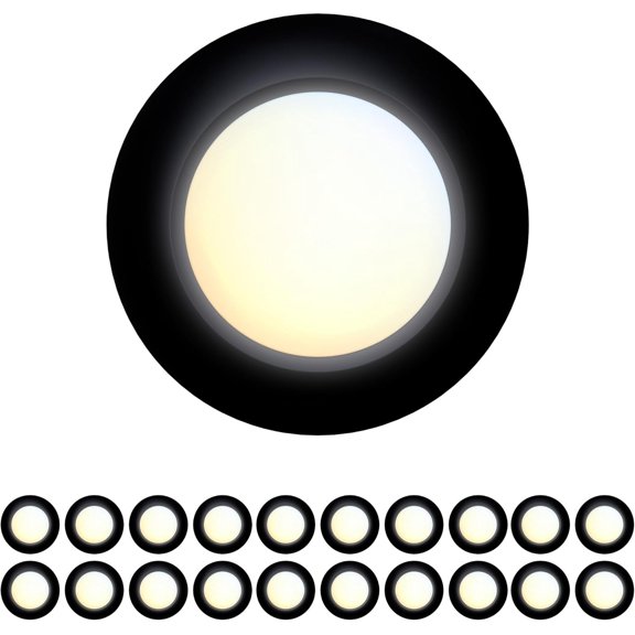 20 Packs 4 Inch Black LED Low Profile Recessed & Surface Mount Disk Light, Round, 10W, 600 Lumens, 5CCT Field Selectable, CRI80, DOB Design, Dimmable, ETL Listed
