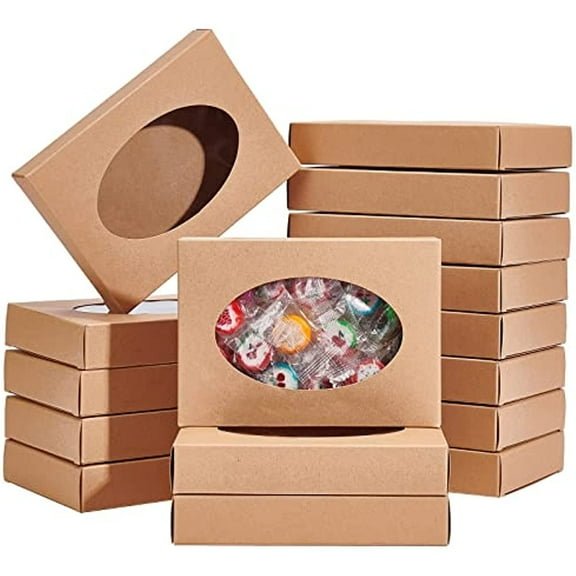20 Packs 5.5x3.9x1inch Oval Clear PVC Window Gift Boxes Rectangle Brown Kraft Present Packing Boxes for Candy Handmade Soap Party and Wedding Gift