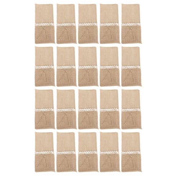 20 Packs Burlap Lace Utensil Holders Pouch Jute Napkin Holders Linen Silverware Cutlery Knife and Fork Bags Pocket for Vintage Rustic Country Theme Weddings Party Decorations