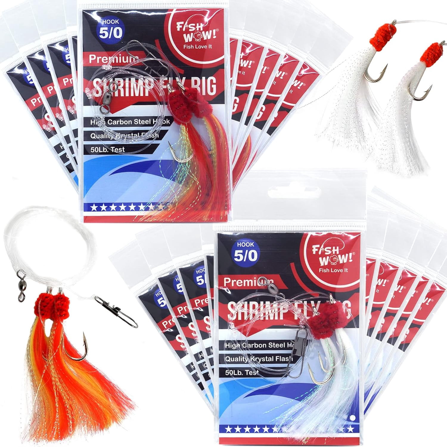 20 Packs Fishing Shrimp Flying Rig 5/0 Hook - Red Yellow White ...