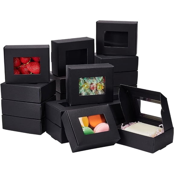 20 Packs Kraft Paper Box 4x3.2x1.5 Inch Black Candy Gift Boxes Rectangle Treat Boxes with Clear Window