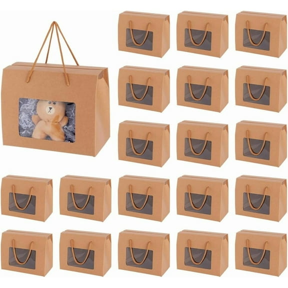 20 Packs Kraft Paper Box with Handles 7.8x6.3x4.3inch Brown Gift Boxes with Clear Window for Packaging Retail Party Gifts Wedding Business BurlyWood