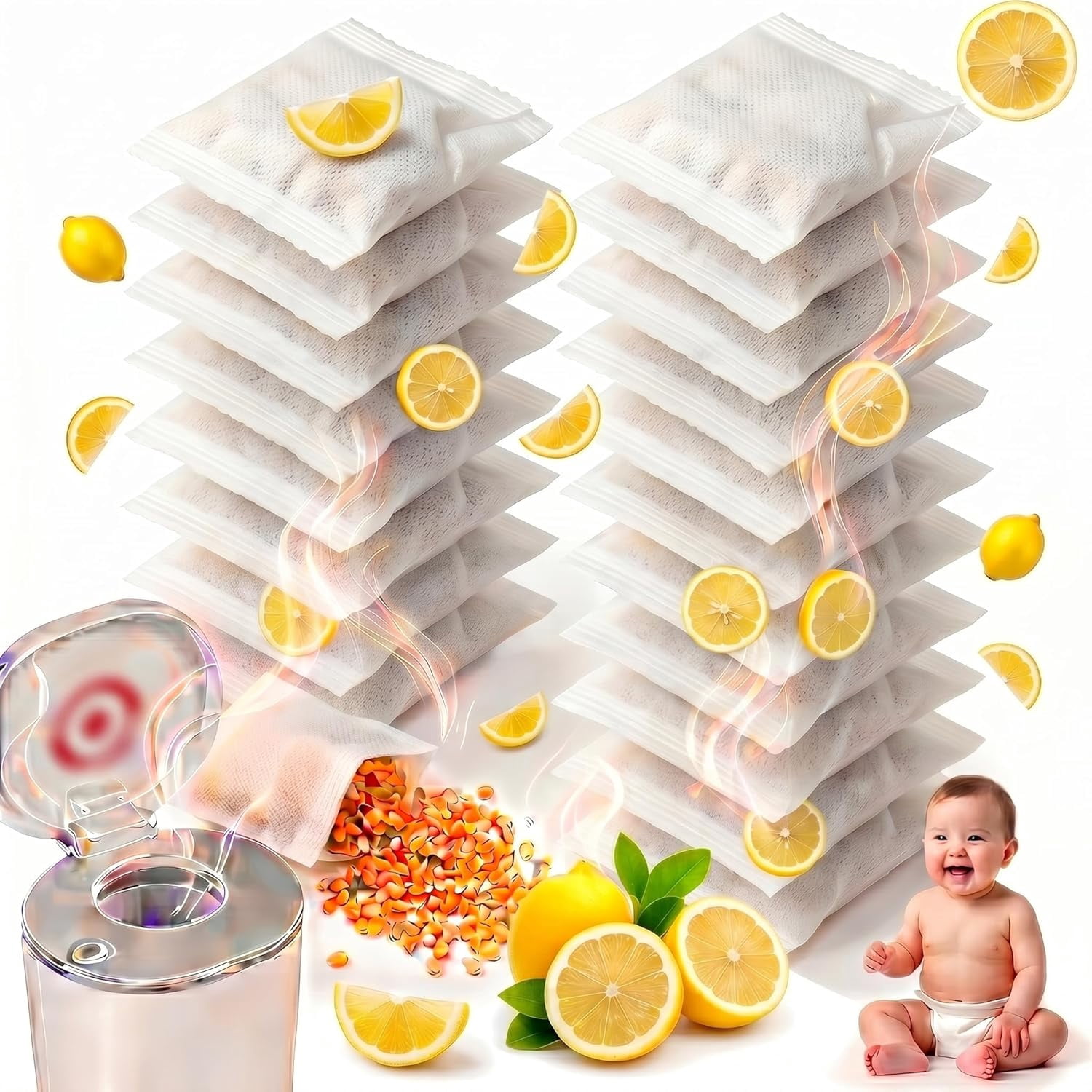 20 Packs Lemon Scented Diaper Pail Deodorizer Refills, Natural Corn Cob Odor Absorber for Munchkin Step & Pail, Odor Eliminator, Nursery ener