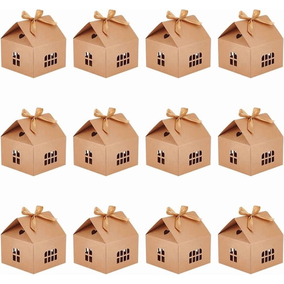 20 Packs Small House Shaped Gift Boxes with Ribbon 4.9x4.9x5.3 inch Paper Candy Box Cardboard Treat Bags for Wedding Baby Shower Birthday Party Wheat for DIY