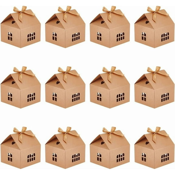 20 Packs Small House Shaped Gift Boxes with Ribbon 4.9x4.9x5.3 inch Paper Candy Box Cardboard Treat Bags for Wedding Baby Shower Birthday Party Wheat