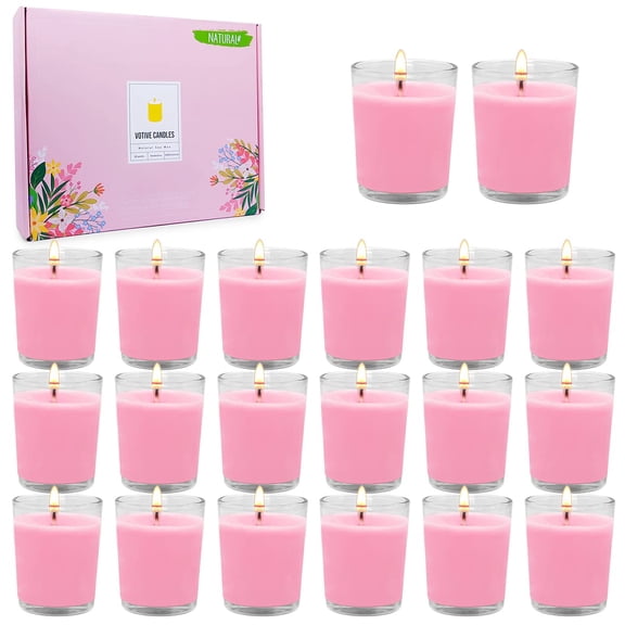 20 Packs Unscented Pink Votive Candles in Glass, Small 2 Inch Natural Soy Wax Scentless Candles for Valentine's Day Tabe Centerpiece Wedding Party Home Decor Holiday Relaxation Spa C113