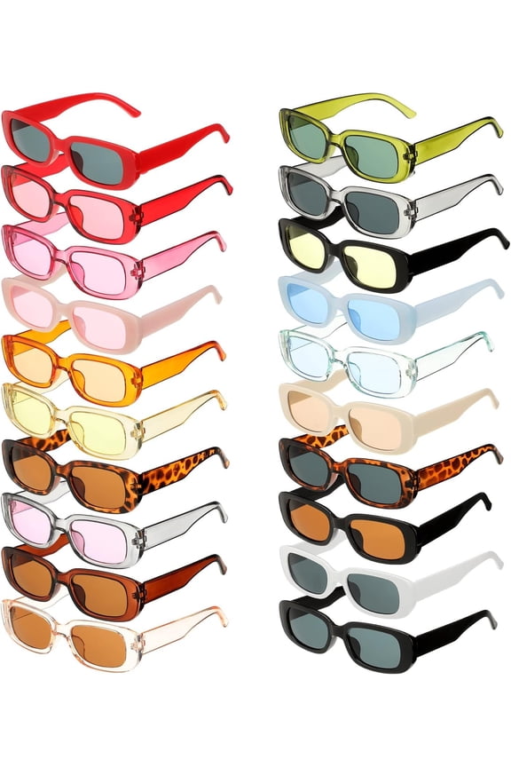20 Pair Rectangle Sunglasses Pack Retro Square Sunglasses Small Classic Eyewear for Women Men Colorful Summer 80's 90's Party Eyewear 20 Styles