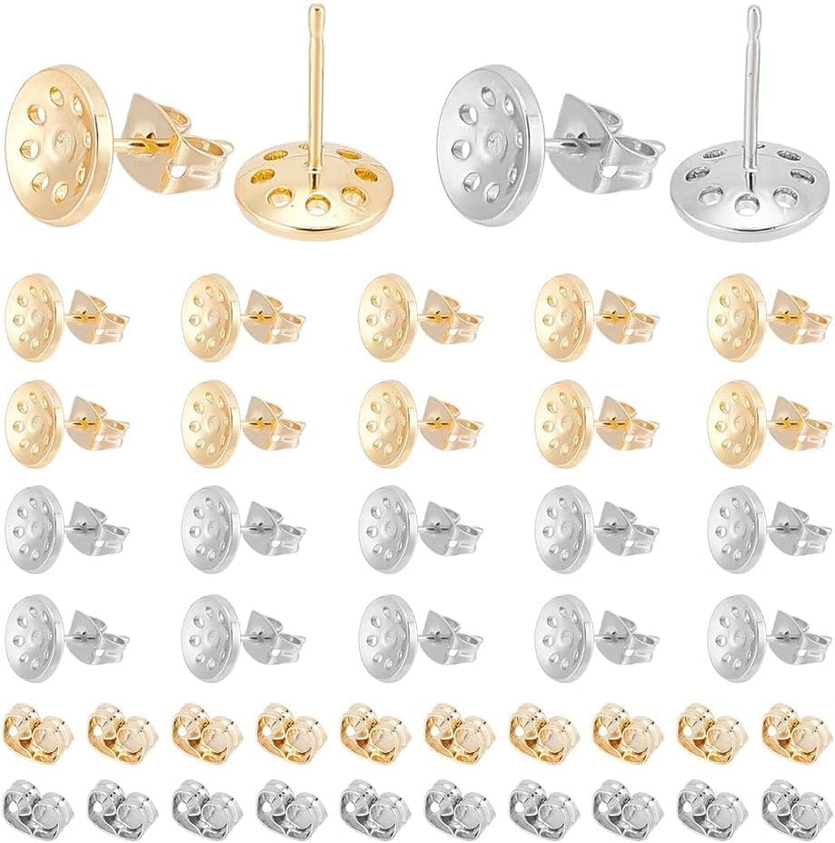 20 Pairs 2 Colors Earrings Posts Sieve Flat Round Earring Pin Studs with Butterfly Earring Backs for DIY Earring Making Supplies Platinum/Golden Colorful
